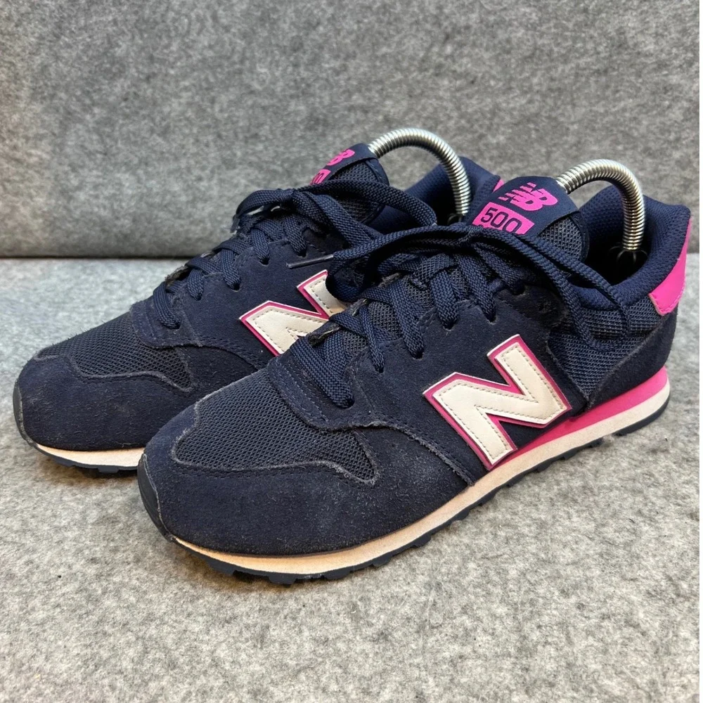New Balance 500 Navy Blue Pink Suede Mesh Running Shoes Sneakers Womens Size 9